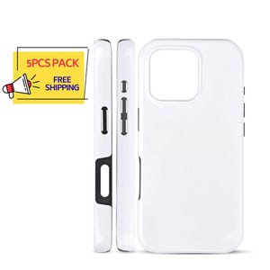 Puede incluir: Fundas blancas para teléfono con detalles en negro. Las fundas se muestran desde múltiples ángulos, destacando el diseño y las características. La imagen incluye un gráfico que dice "5PCS PACK" y "FREE SHIPPING".