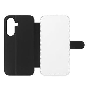 Puede incluir: Una funda de teléfono negra con interior blanco y cierre magnético. La funda está abierta, revelando el interior blanco con un borde cosido. La funda está diseñada para proteger el teléfono de arañazos y daños.