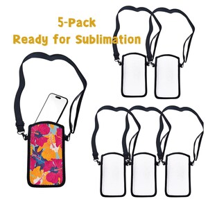 Puede incluir: Un paquete de cinco bolsos cruzados para teléfono con correas negras. Una bolsa presenta un diseño floral con flores rosas, naranjas y amarillas. El texto "5-Pack Ready for Sublimation" se muestra en la parte superior.