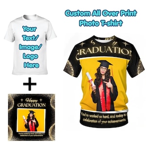 Puede incluir: Camiseta blanca con área personalizable para texto e imagen, más una camiseta con foto con temática de graduación. La camiseta con foto tiene un diseño amarillo y negro con una foto de graduación y el texto "GRADUATION".