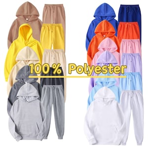 May include: A collection of matching hoodie and sweatpants sets in various colors, including brown, yellow, gray, blue, orange, pink, and white. The text "100% Polyester" is displayed across the image.