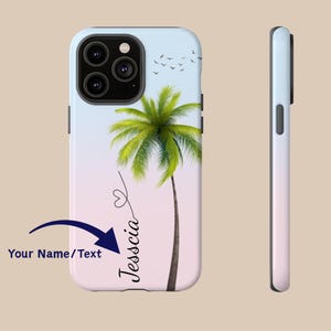 Custom Name Palm Tree Tough Protective iPhone Case with Magsafe | Personalized Tropical Beach Phone Cover