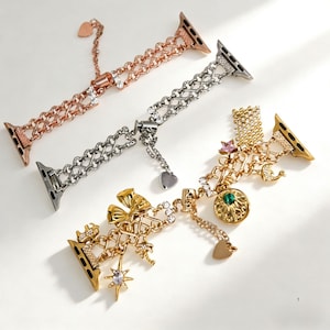 Personalizowana bransoletka z zawieszkami do zegarka Apple Watch | Stalowy pasek do zegarka Apple iWatch | Prezent dla niej, personalizowana biżuteria