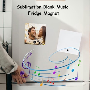 May include: A white refrigerator with a Sublimation Blank Music Fridge Magnet. The magnet features a photo of a couple and the text "The Power of Love". Colorful musical notes and a treble clef are drawn on the refrigerator.