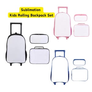 Sublimation Blank Kids Rolling Backpack Set, Trolley School Bag with Lunch Box & Pencil Case Bundle, Polyester Kids Wheeled Luggage Set
