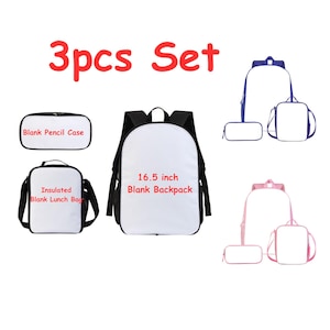 Puede incluir: Un conjunto de tres mochilas escolares en blanco, que incluye una mochila de 42 cm, un estuche y una bolsa de almuerzo aislada. La mochila es blanca con correas negras. El texto "3pcs Set" es rojo.
