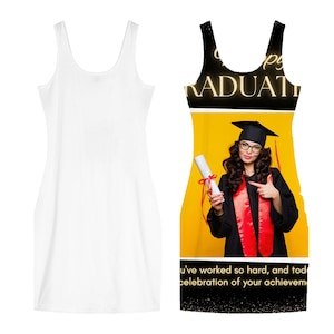 Puede incluir: Dos vestidos sin mangas. Uno es blanco liso. El otro presenta un tema de graduación con una mujer con birrete y toga, las palabras "Happy GRADUATE" y el texto "You've worked so hard, and today is a celebration of your achievements."