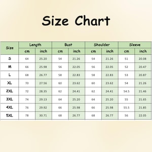 May include: A size chart with measurements in centimeters and inches for length, bust, shoulder, and sleeve. The chart includes sizes S through 5XL, with corresponding measurements such as 25.20 inches length for size S and 30.71 inches for 5XL.