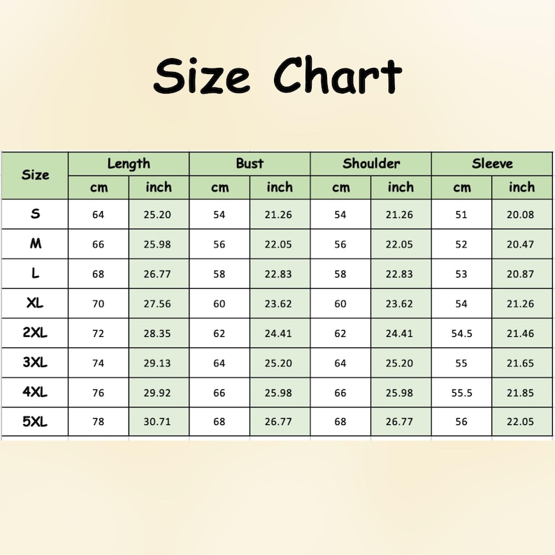 May include: A size chart with measurements in centimeters and inches for length, bust, shoulder, and sleeve. The chart includes sizes S through 5XL, with corresponding measurements such as 25.20 inches length for size S and 30.71 inches for 5XL.