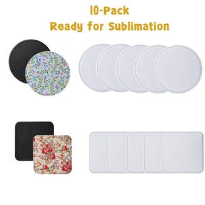 10-Pack Sublimation Blank PU Leather Coaster 4 inch - Round and Square Shapes, DIY Craft Blanks for Drinks & Gifts