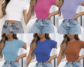 Sublimation Premium Blank Crop Top - 95% Polyester DIY Ready T-Shirt for Girls,Crew Neck and Cotton Feel