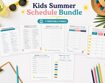 Kids Summer Schedule Bundle Printable | Summer Chore Chart, Bucket List, Reading Tracker, Screen Time Tracker, Rainy Day Activities for Kids