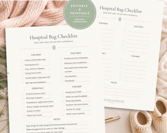 Hospital Bag Checklist Printable | Labor Bag Packing List PDF | Pregnancy Hospital Bag | Editable Canva Template | New Mom Gift