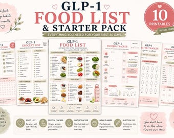 GLP-1 Food List Printable, Ozempic, Wegovy, High Protein Food List, GLP1 Starter Pack, Meal Planner & Weight loss Tracker Bundle