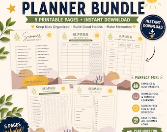 Summer Planner Bundle for Kids | Chore Chart, Reading Log, Screen Time Tracker, Bucket List Printable