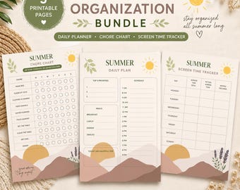 Summer Organization Printable Bundle | Kids Summer Schedule | Daily Planner, Chore Chart & Screen Time Tracker for Families