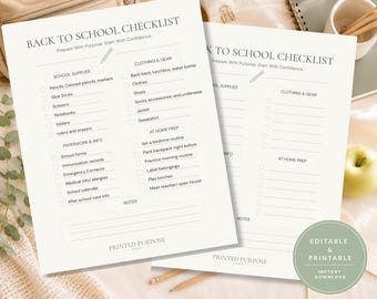 Back to School Checklist | School Essentials | Elementary School Supply List | First Day of School Planner | Editable Canva Template | PDF