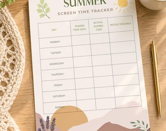 Summer Screen Time Tracker Printable | Kids Summer Schedule | Routine Chart (Digital Download)