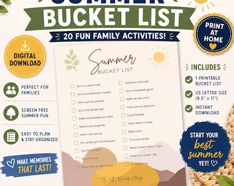 Summer Activity Checklist for Kids | Screen Free Summer Bucket List | Family Summer Fun Printable | Summer Break Activity Sheet