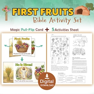 Op de afbeelding: Een digitale Bijbelactiviteitenset met de tekst "FIRST FRUITS" en "Bible Activity Set". De set bevat een magische pull-flip kaart en 5 activiteitenbladen. De afbeelding toont illustraties van fruit, tarwe en de zin "He Is Risen!"