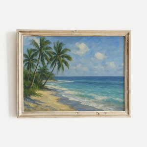 Tropical Beach with Palm Trees Oil Painting Print, Nature Vintage Wall Art, Digital Download, Home, Office, Living Room & Bedroom Decor