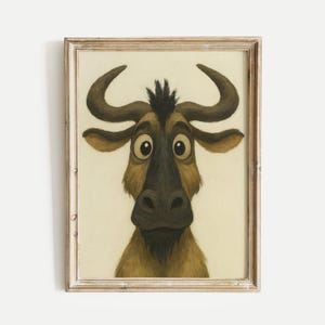 Wildebeest Oil Painting Poster, African Animal Wall Art Head Print, Digital Download, Vintage Safari Wildlife Art, Gallery & Nursery Decor