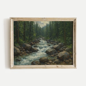 Rocky Mountain Stream in a Forest Oil Painting Print, Vintage Nature Wall Art, Digital Download, Home, Office, Living Room & Bedroom Decor