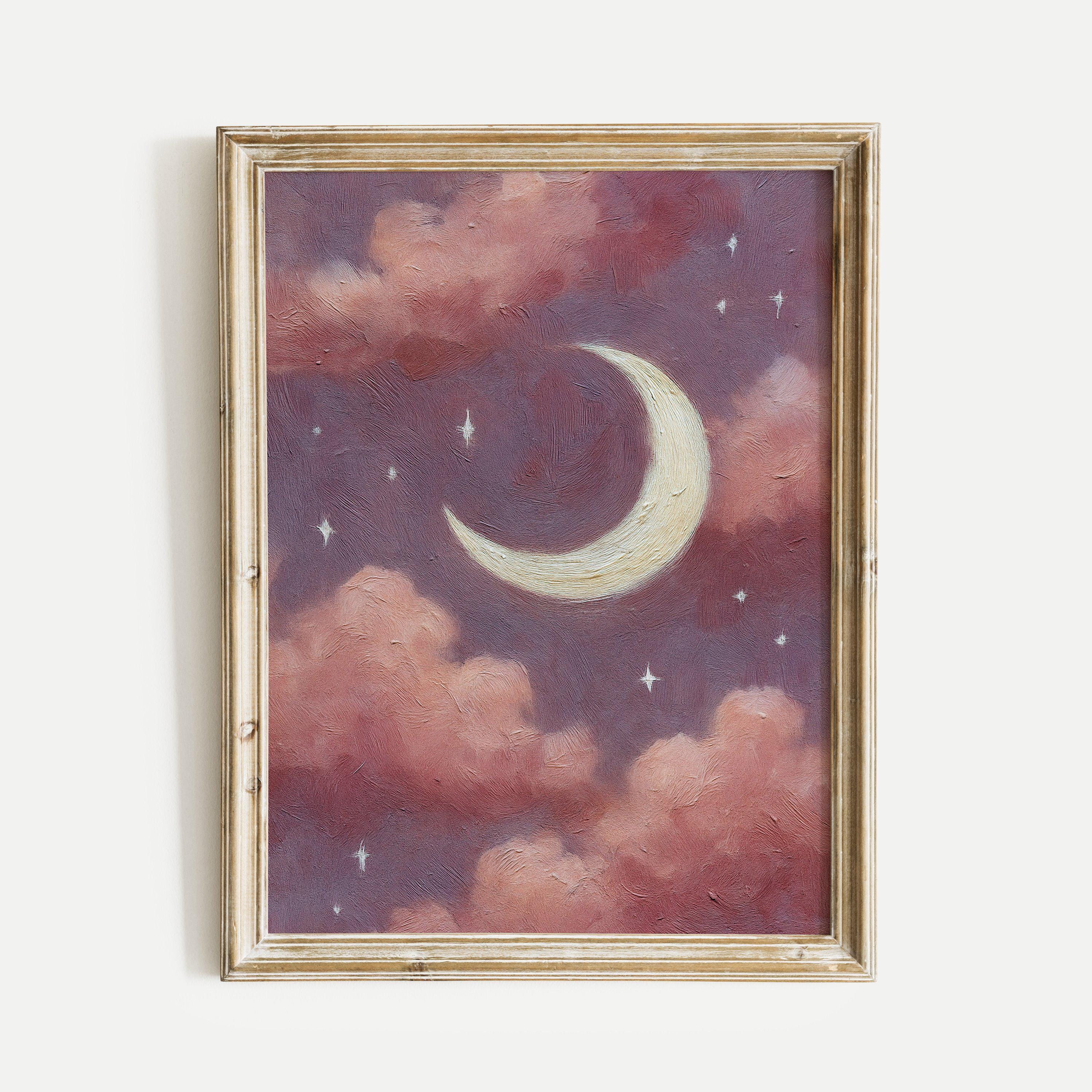 Crescent Moon & Stars Night Sky Oil Painting Style Nursery Poster Print ...