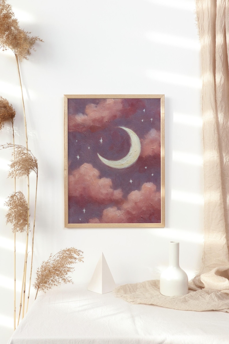 Crescent Moon & Stars Night Sky Oil Painting Style Nursery Poster Print ...