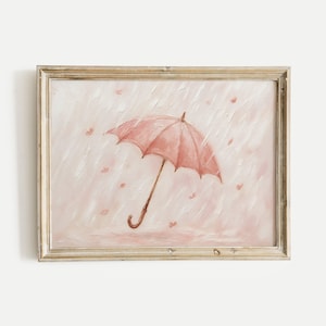 Impressão em óleo de chuva de guarda-chuva rosa, arte de parede vintage para impressão, download digital, decoração para casa e escritório, sala de estar, quarto e berçário