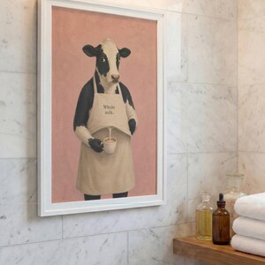 Cow Poster Print, Funny Whole Milk Barista Wall Art Meme, Whimsical Animal Illustration, Coffee Kitchen Decor Gift, No Frame