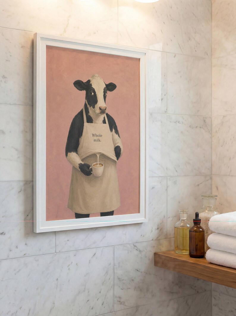 Cow Poster Print, Funny Whole Milk Barista Wall Art Meme, Whimsical Animal Illustration, Coffee Kitchen Decor Gift, No Frame