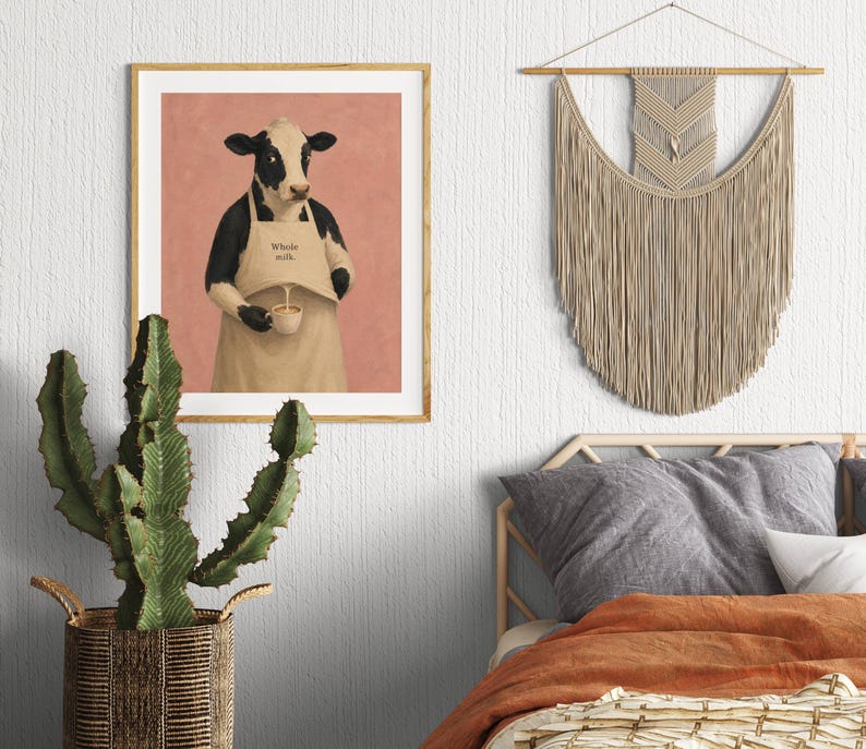 Cow Poster Print, Funny Whole Milk Barista Wall Art Meme, Whimsical Animal Illustration, Coffee Kitchen Decor Gift, No Frame
