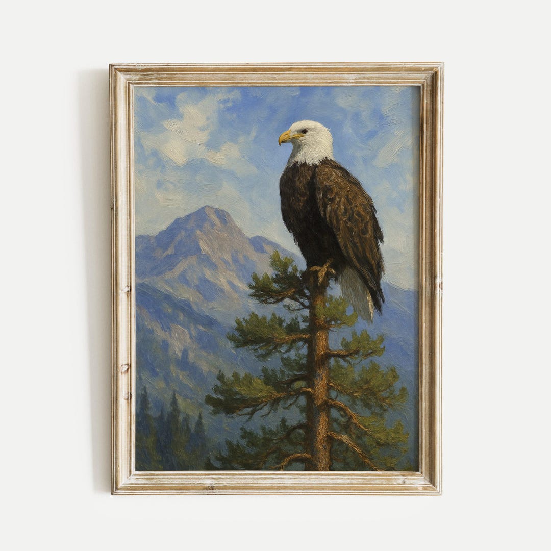 Bald Eagle Tall Pine Oil Painting Print, Vintage Printable Wall Art ...