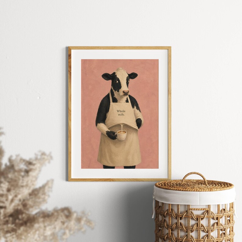 Cow Poster Print, Funny Whole Milk Barista Wall Art Meme, Whimsical Animal Illustration, Coffee Kitchen Decor Gift, No Frame