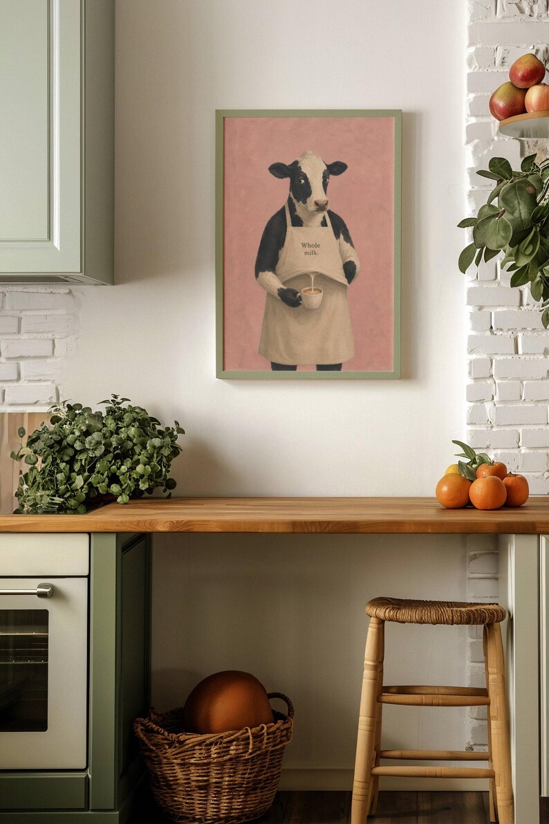 Cow Poster Print, Funny Whole Milk Barista Wall Art Meme, Whimsical Animal Illustration, Coffee Kitchen Decor Gift, No Frame