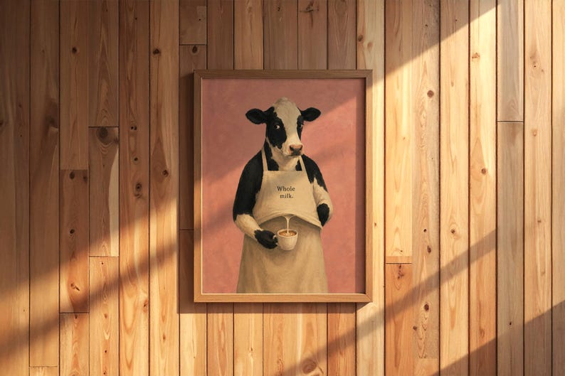 Cow Poster Print, Funny Whole Milk Barista Wall Art Meme, Whimsical Animal Illustration, Coffee Kitchen Decor Gift, No Frame