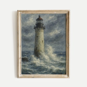 Lighthouse Ocean Waves Oil Painting Print, Nature Vintage Printable Wall Art, Digital Download, Home and Office, Living Room, Bedroom Decor