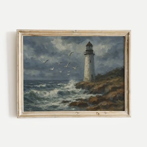 Coastal Lighthouse on a Shoreline Oil Painting Print, Vintage Nature Wall Art, Digital Download, Home, Office, Living Room & Bedroom Decor