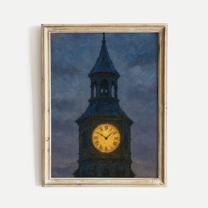 Vintage clock tower with glowing face against evening sky, Nature Scenery Oil Painting Print, Vintage Style Wall Art Digital Download Decor