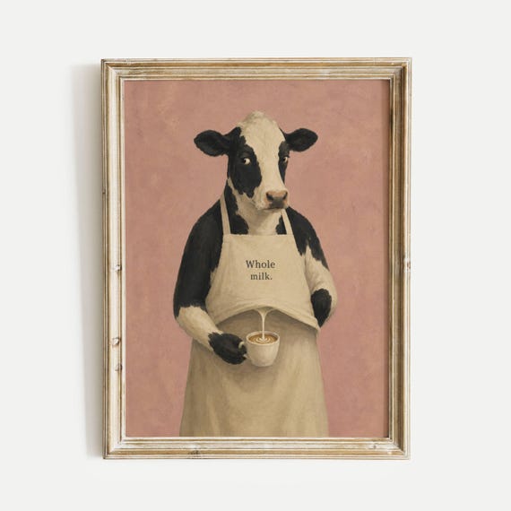 Cow Poster Print, Funny Whole Milk Barista Wall Art Meme, Whimsical Animal Illustration, Coffee Kitchen Decor Gift, No Frame