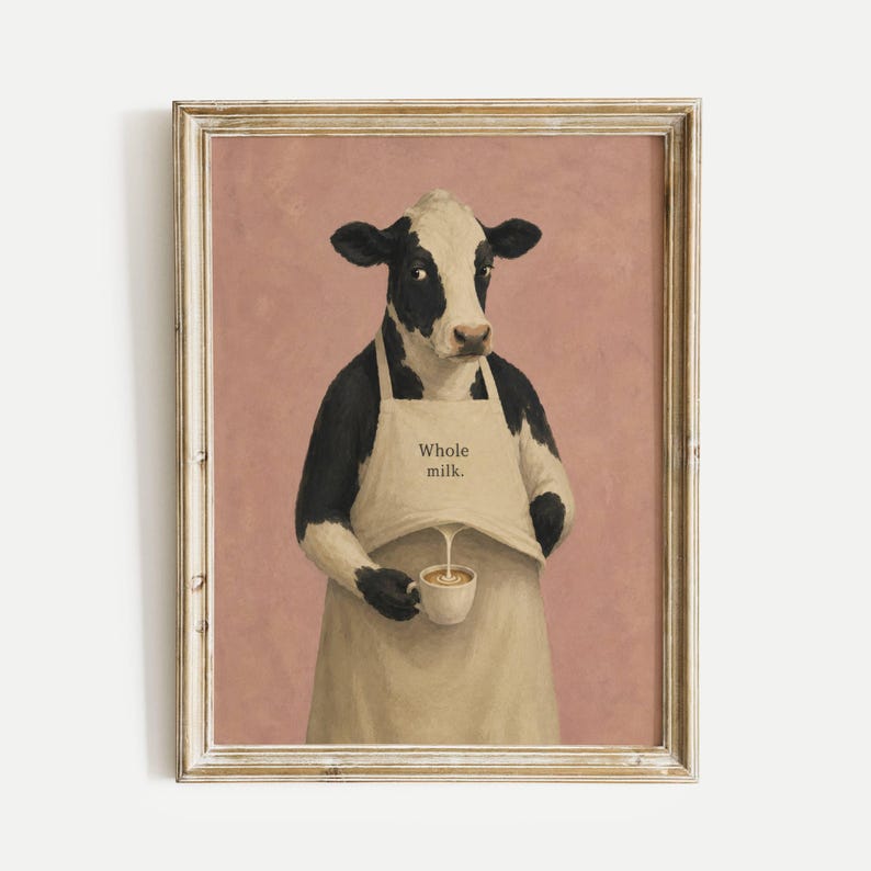 Cow Poster Print, Funny Whole Milk Barista Wall Art Meme, Whimsical Animal Illustration, Coffee Kitchen Decor Gift, No Frame