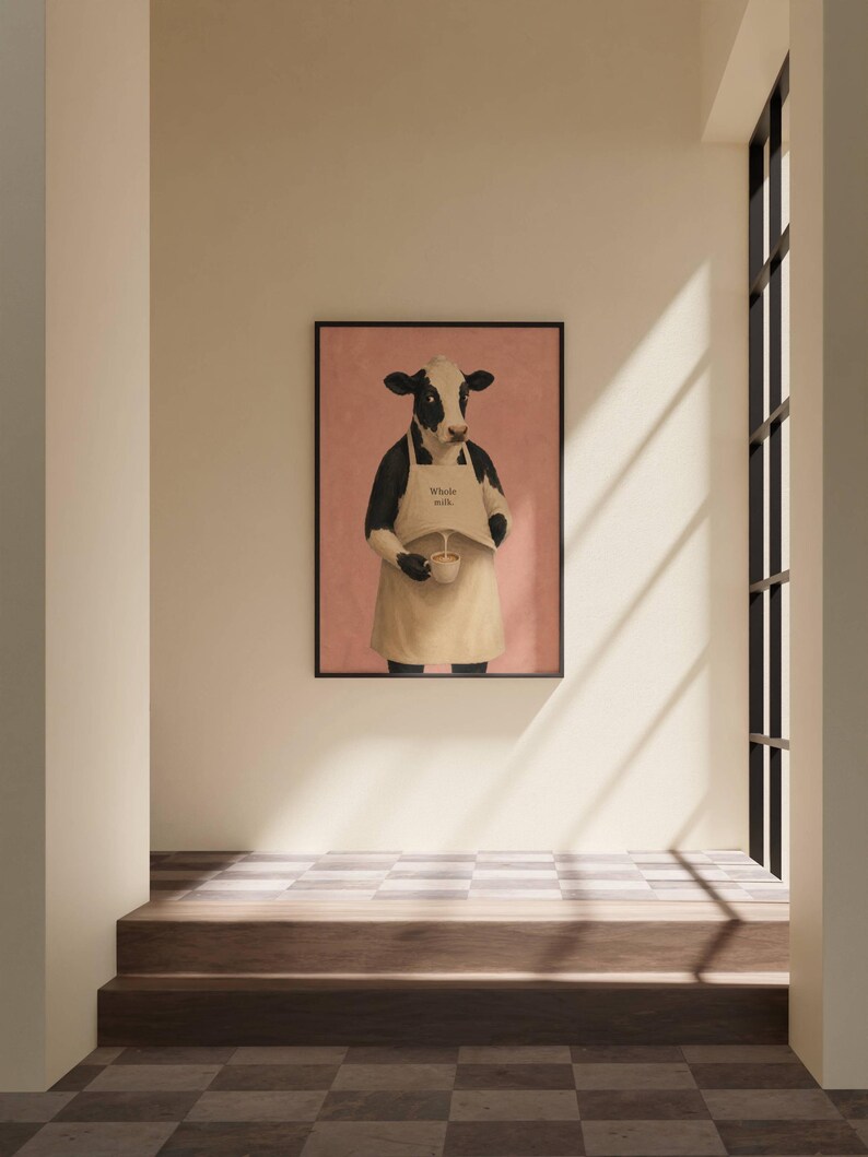 Cow Poster Print, Funny Whole Milk Barista Wall Art Meme, Whimsical Animal Illustration, Coffee Kitchen Decor Gift, No Frame