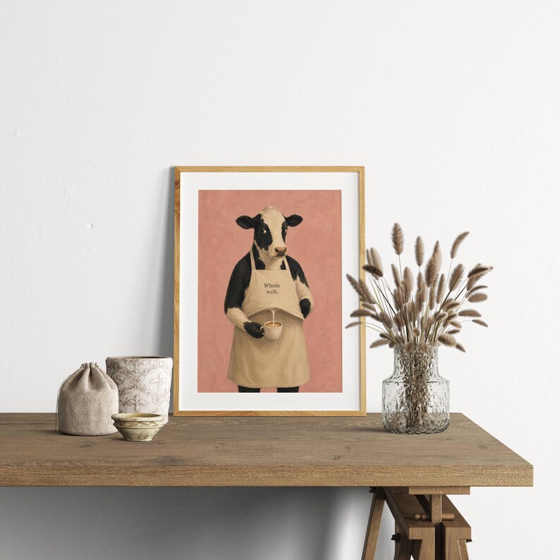 Cow Poster Print, Funny Whole Milk Barista Wall Art Meme, Whimsical Animal Illustration, Coffee Kitchen Decor Gift, No Frame
