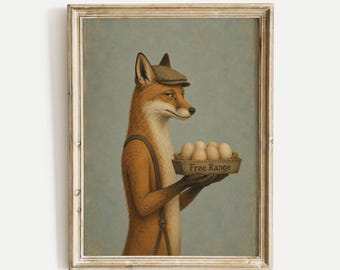 Fox Poster Print, Funny Free Range Eggs Meme Wall Art, Whimsical Animal Illustration, Farmhouse Kitchen Decor Gift, No Frame