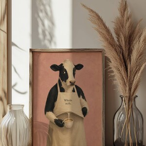 Cow Poster Print, Funny Whole Milk Barista Wall Art Meme, Whimsical Animal Illustration, Coffee Kitchen Decor Gift, No Frame
