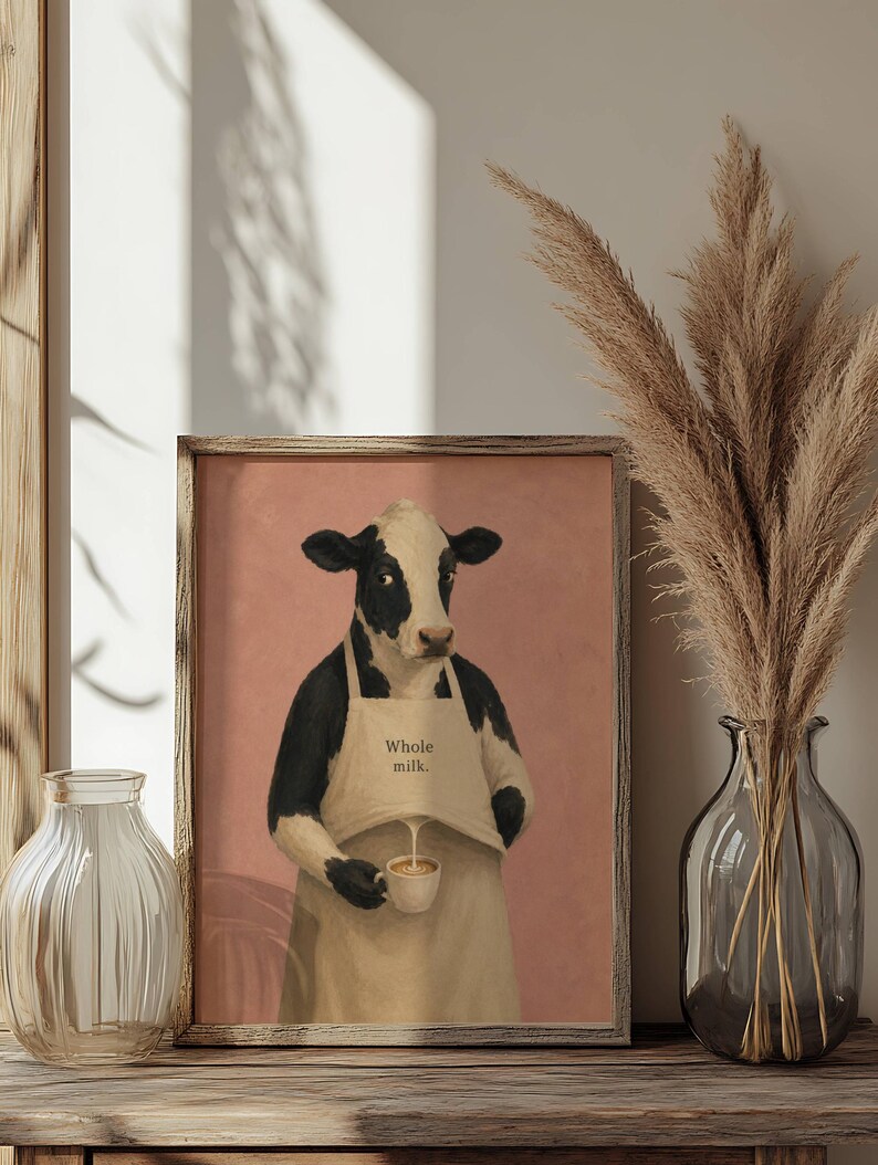 Cow Poster Print, Funny Whole Milk Barista Wall Art Meme, Whimsical Animal Illustration, Coffee Kitchen Decor Gift, No Frame