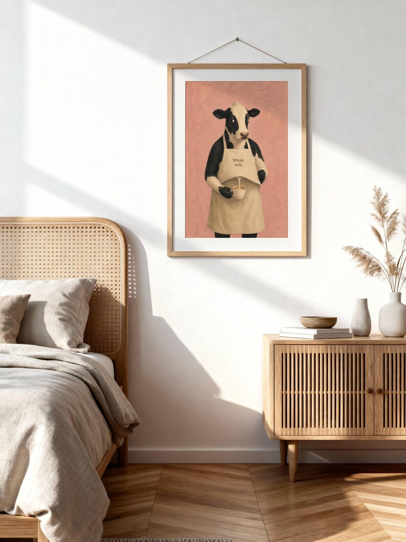 Cow Poster Print, Funny Whole Milk Barista Wall Art Meme, Whimsical Animal Illustration, Coffee Kitchen Decor Gift, No Frame