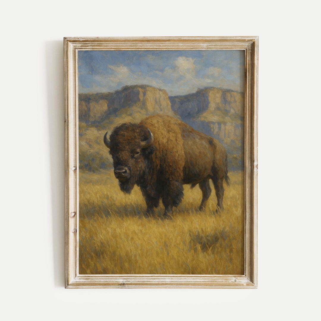 Bison Buffalo Field Oil Painting Print, Nature Vintage Printable Wall ...