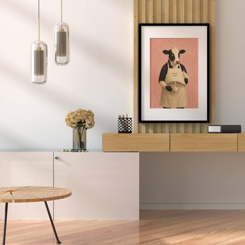 Cow Poster Print, Funny Whole Milk Barista Wall Art Meme, Whimsical Animal Illustration, Coffee Kitchen Decor Gift, No Frame